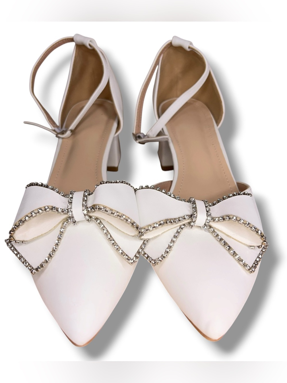 Size 10.5 Women’s White Pointed Toe Heels Rhine Accent Bow Wedding Ankle Strap